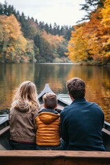 Fototapeta premium a family taking a leisurely boat ride on a serene lake surrounded by autumn trees, peace and bonding,