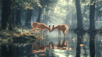 Two deer drinking, misty forest stream, peaceful morning, nature scene