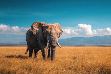 Obraz premium Majestic elephant standing in golden grasslands under a clear blue sky
