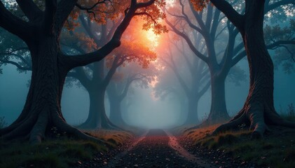 Fototapeta premium A glowing mist surrounds a forest of ancient, twisted trees, landscape, trees, forest