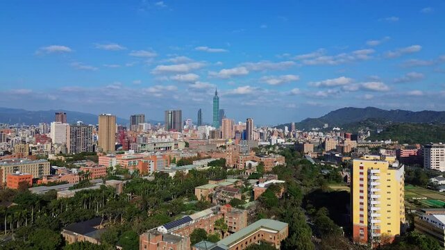 Aerial 4K footage of National Taiwan University with Taipei 101 in Taiwan. The number one university in Taiwan and best in Asia.