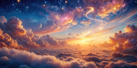 Fototapeta premium Celestial Sunset A Dreamlike Panorama of Clouds, Stars, and a Crescent Moon