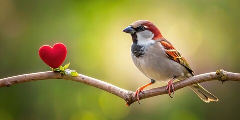 A sparrow perched on a branch with its heart-shaped chest emblem visible, avian icon, nature