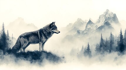 Obraz premium wolf standing mountain misty forest photo