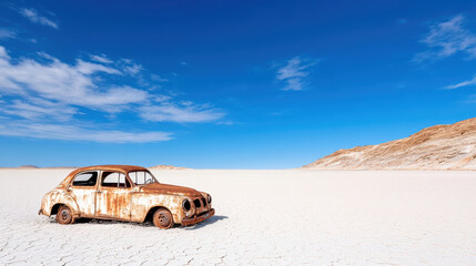 Obraz premium old rusted car sits half buried in white sand under clear blue sky
