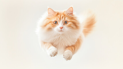 Fluffy cat jumping mid air with exaggerated pose and bright eyes