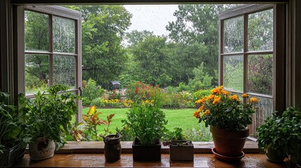 Rainy day, garden view from open window, herbs, flowers