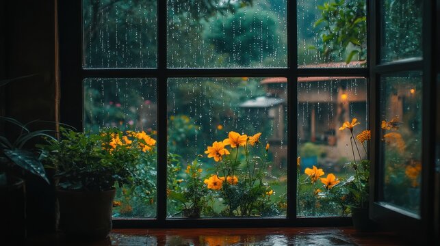 Rainy Day Garden View from Window
