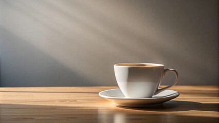 Obraz premium Warm morning light illuminates a steaming cup of coffee on a wooden table