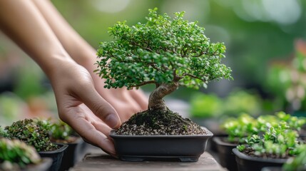 Hands tending bonsai tree in garden nursery