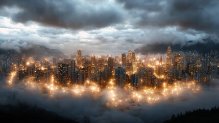 Fototapeta premium vibrant city skyline illuminated by lights amidst dark clouds and fog