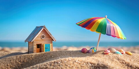 Miniature beach house scene with vibrant umbrella and seashells on sandy shore under sunny sky
