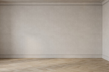 Empty beige classic interior with blank wall and chevron wood floor. 3d render illustration mockup.