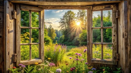 Rustic Wooden Window Frame Reveals a Sunlit Meadow Scene with Vibrant Wildflowers and Lush Greenery