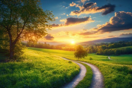 Sunset winding road, green hills, spring landscape, idyllic scene, travel brochure