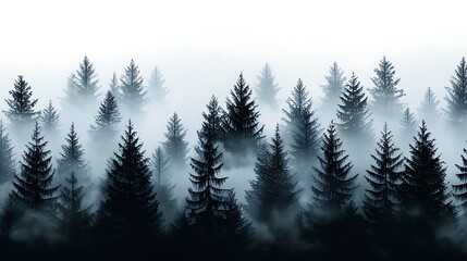 Misty mountain forest panorama, trees in fog, nature background, website banner