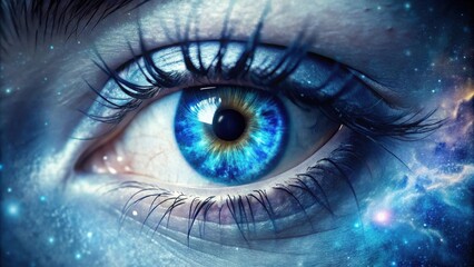 Fototapeta premium Close-up of a vibrant blue eye merging with a cosmic nebula, a surreal vision of the universe within