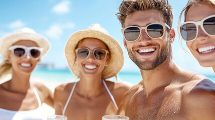 Friends enjoying sunny beach day with drinks and smiles