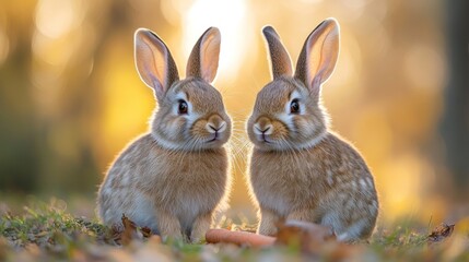 Obraz premium Two rabbits sunset forest autumn leaves greeting card