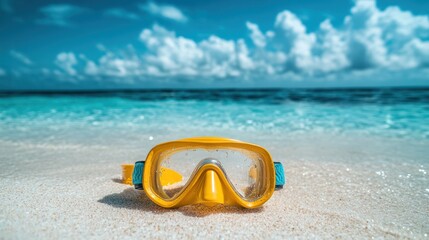 Obraz premium Yellow diving mask on tropical beach, ocean background