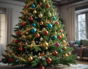 A lush green Christmas tree with colorful ornaments and a hint of snow , sparkling tree, lush green tree