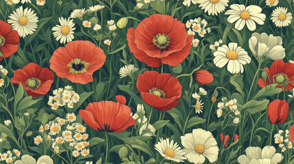 Red poppies seamless pattern in vintage style. Floral background illustration.