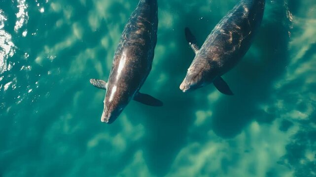 Aerial view of two dugong swimming in crystal clear water