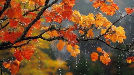 Autumn rain, leaves, mountain, web, misty background, nature calendar