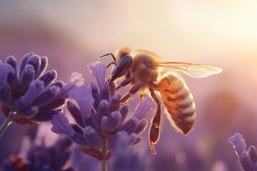 Fototapeta premium A honeybee collects pollen from vibrant lavender blossoms during the golden hour.