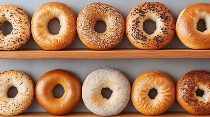 Display of Freshly Baked Bagels in a Cozy Shop Interior with Rows of Tasty Varieties Showcase Perfect for Food Photography and Culinary Themes