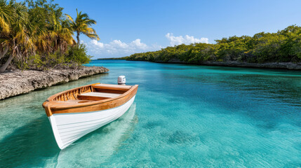Obraz premium traditional wooden boat anchored in calm bay with clear turquoise water