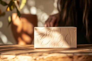 Beige box with embossed leaf pattern sits on wooden surface, bathed in sunlight.