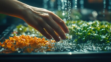 A hand gently waters vibrant crops in an indoor urban farm showcasing sustainable cultivation methods