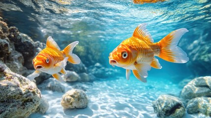 Fototapeta premium Two goldfish swim in shallow tropical water over sand