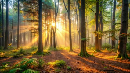 Fototapeta premium A misty forest floor is illuminated by the soft glow of dawn as sunlight filters through the trees, gentle light, serene scene, misty forest, tree canopy, sun rise