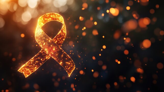 Glowing orange ribbon, bokeh background, awareness campaign