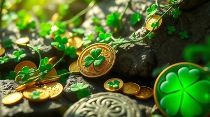 An intricate St. Patrick's Day visuals, with golden coins gleaming in sunlight, clovers delicately intertwined with glowing green vines, swirling Celtic designs etched on ancient stones,