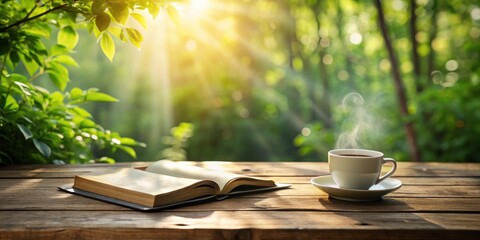Serene morning open book, steaming cup of coffee on rustic wooden table, sunlit leaves background