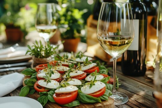 Garden party Caprese salad, wine, outdoor dining