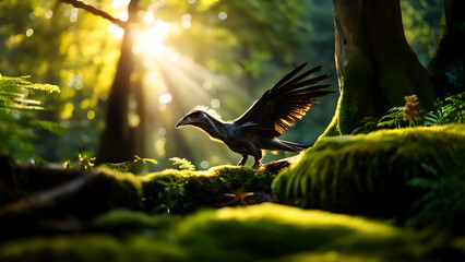 Close-Up of Archaeopteryx in Its Natural Habitat, Lush Green Forest, Ancient Trees, Soft Moss, Sunlight Filtering Through Leaves, Capturing the Essence of Prehistoric Life
