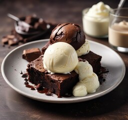 A plate of decadent dark chocolate brownies topped with a scoop of creamy white ice cream , creamy, ice cream, decadent