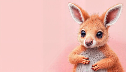 Hand-Drawn Colored Pencil Drawing of Adorable Baby Kangaroo on Pink Pastel Background with Copy Space