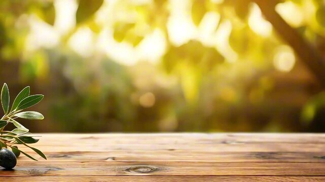 Branch of green olives with leaves on empty wooden table on blurred natural background of olive garden, sunset sunlight. Mockup for your design, product advertising