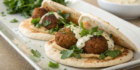 A plate of warm pita bread topped with crispy falafel fresh parsley and a dollop of creamy tahini sauce, pita bread, flatbread, mid eastern delicacy, creamy sauce, herbal garnish