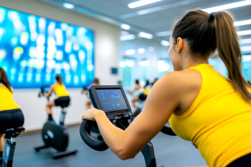 A woman in a yellow top cycles on a stationary bike in a modern gym, with multiple screens displaying workout data in the background.