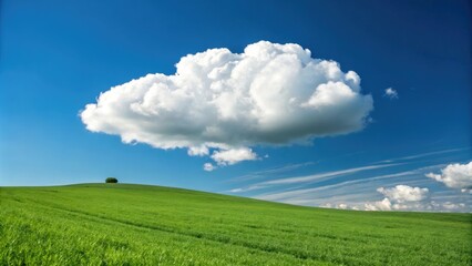A puffy white cloud floats serenely above a lush green meadow, its peak disappearing into the bright blue expanse above, landscape, blue