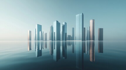 Fototapeta premium Modern city skyline reflected in calm water at sunrise.
