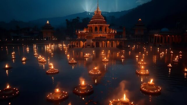 A collection of diya lights shaped lotus flower floating on the pond looks beautiful and stunning