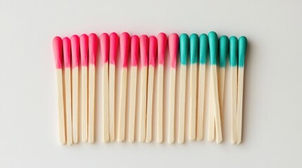Obraz premium Row of pink and teal matches on white background.