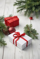 A red paper wrapped gift on a white wooden table with a spruce branch and a heart-shaped Christmas decoration beside it , wrapping paper, decoration